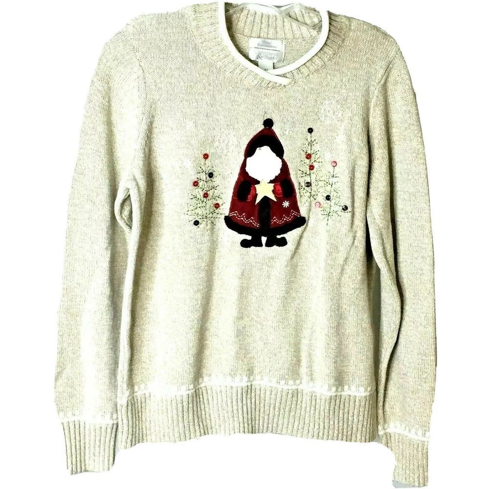 Christopher & Banks Women's Sweater Beige Christmas Hand Sewn Pullover XS NWT‎